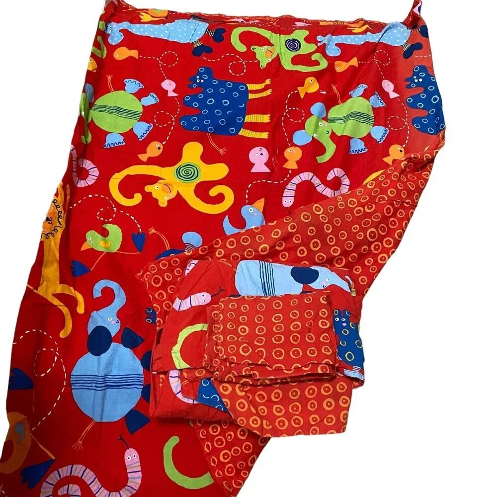 Ikea red duvet curtain‎ drape set zoo animals lion monkey cotton reversible kids